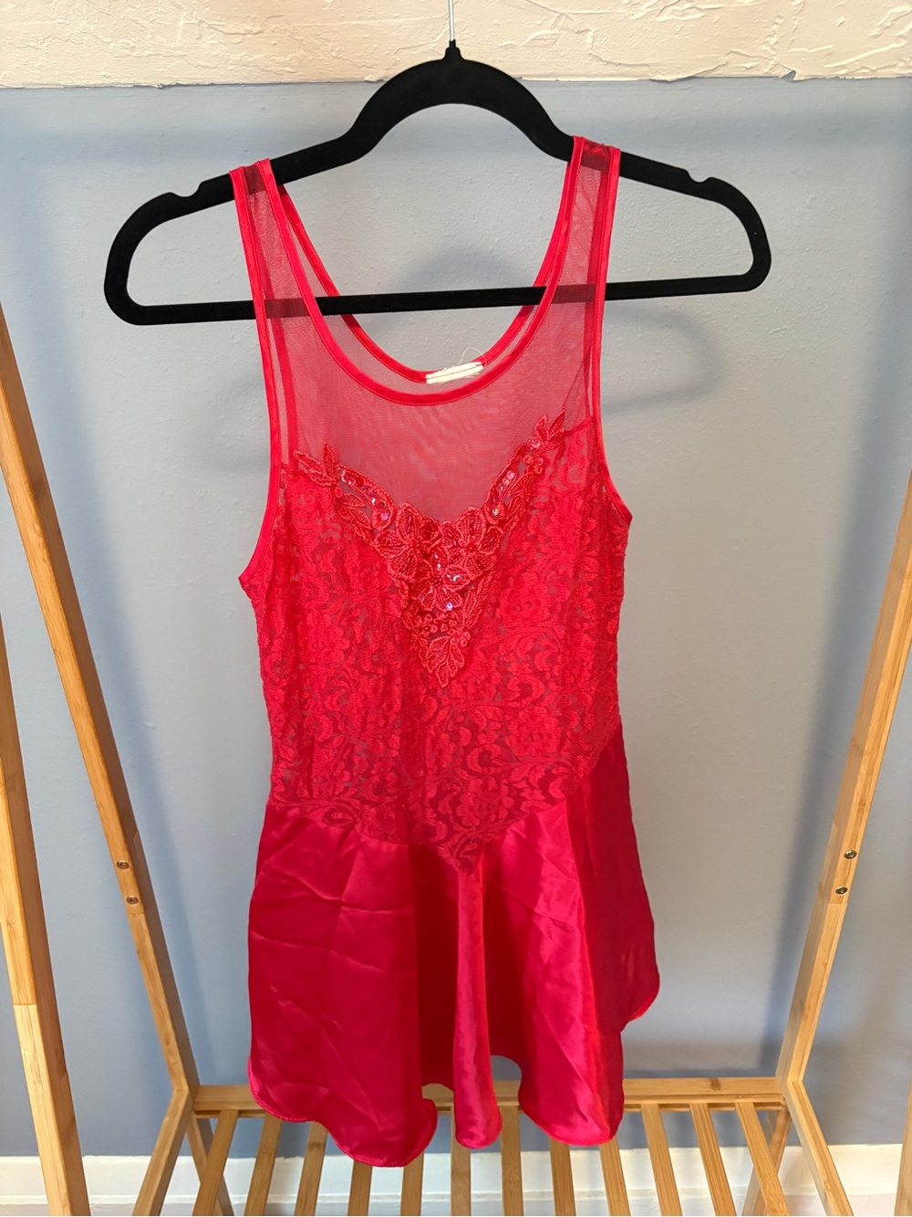 Red Lace Insert Satin Chemise Slip with beads